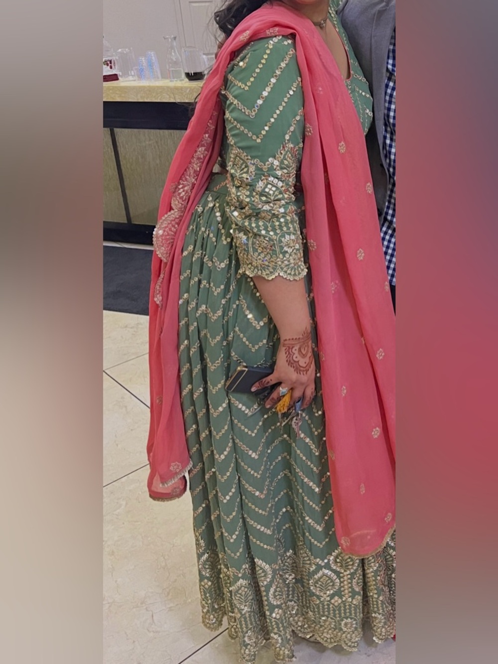 Embellished Sea Green Lehenga with Coral Pink Dupatta